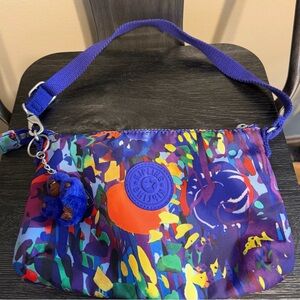 Kipling Colorful Abstract Print Nylon Shoulder Bag Monkey Keychain Small